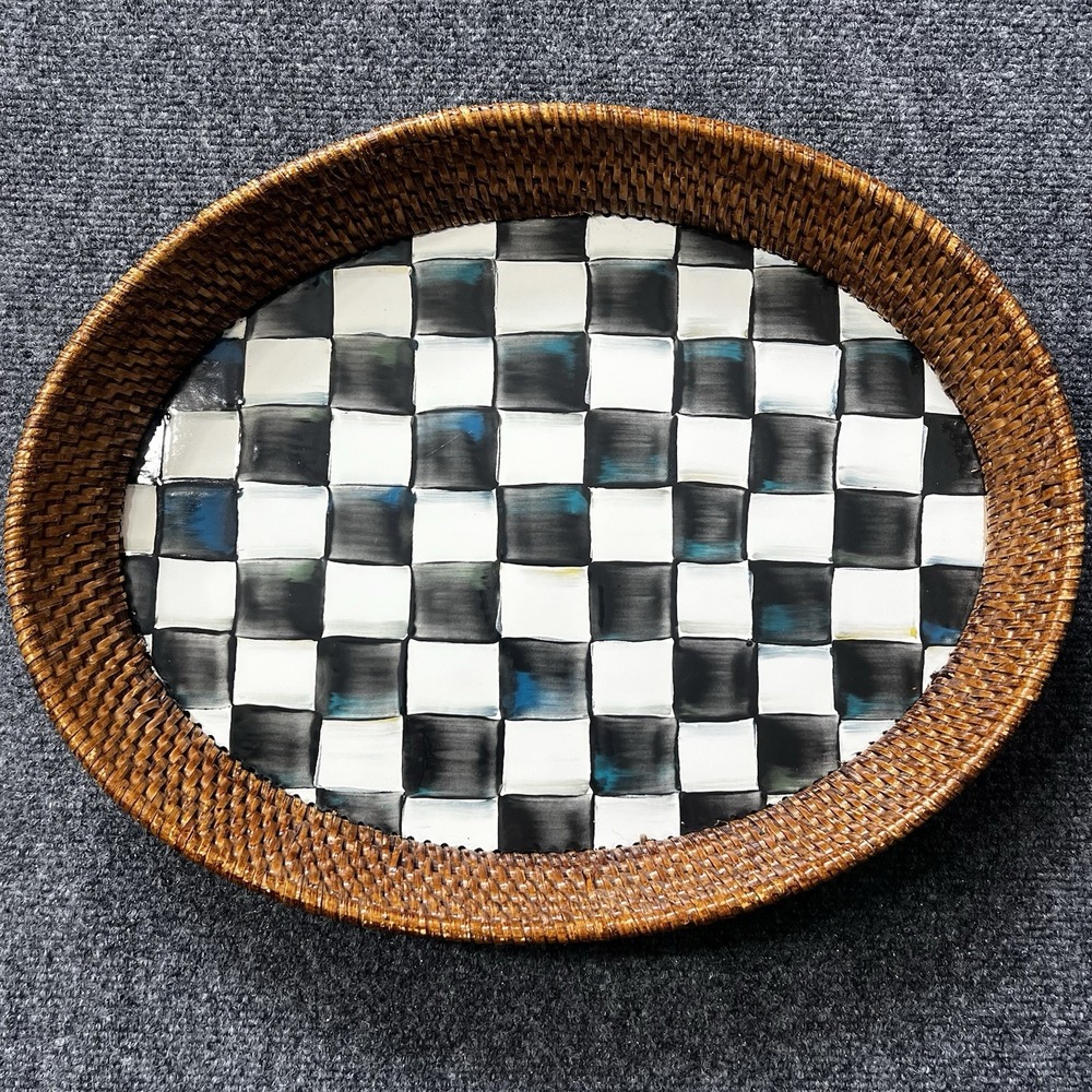 MacKenzie-Childs Courtly Check Round Tray with Rattan Rim 15 Inch Black White